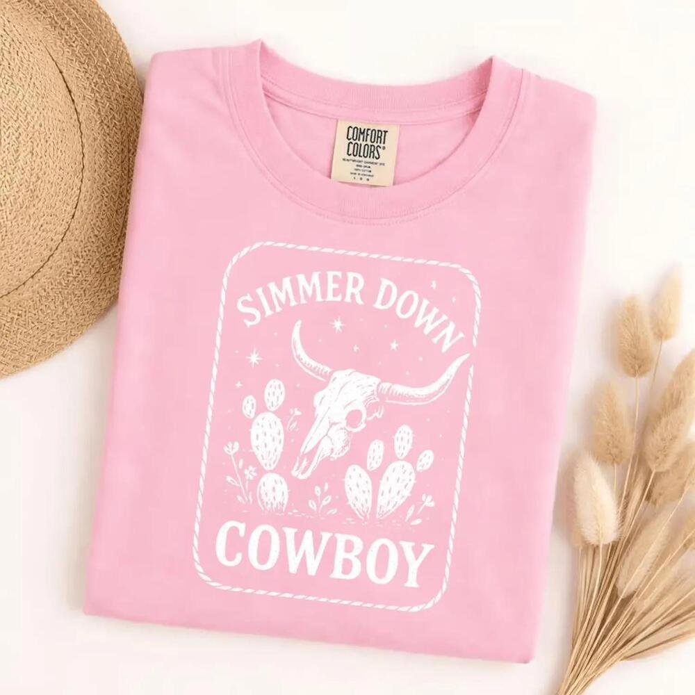 S Simmer Down Cowboy T-Shirt, Western Cow Skull Cactus Graphic Tee